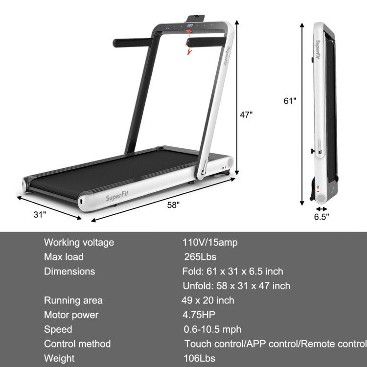 4.75HP 2-In-1 Folding Walking Pad Treadmill with APP Remote Control and LED Touch Screen