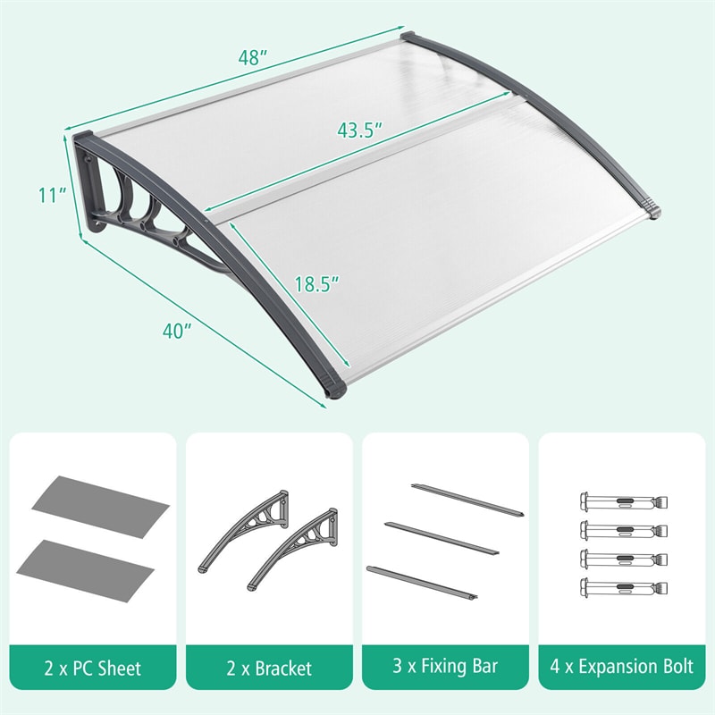 40" x 48" Window Awning Modern Polycarbonate Overhead Door Awning Canopy with Hollow Sheet for Rain Snow Sunlight UV Protection UPF 50+