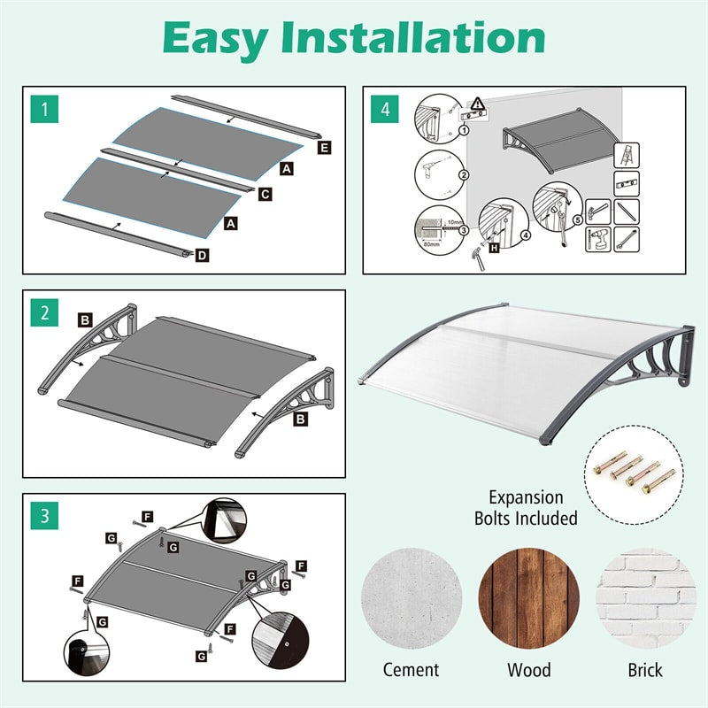 40" x 48" Window Awning Modern Polycarbonate Overhead Door Awning Canopy with Hollow Sheet for Rain Snow Sunlight UV Protection UPF 50+