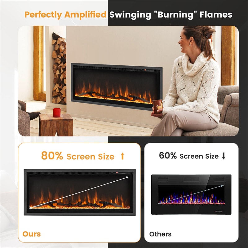 42" Linear Electric Fireplace Wall Mounted Freestanding Recessed 1500W Slim Fireplace Heater with Remote Control