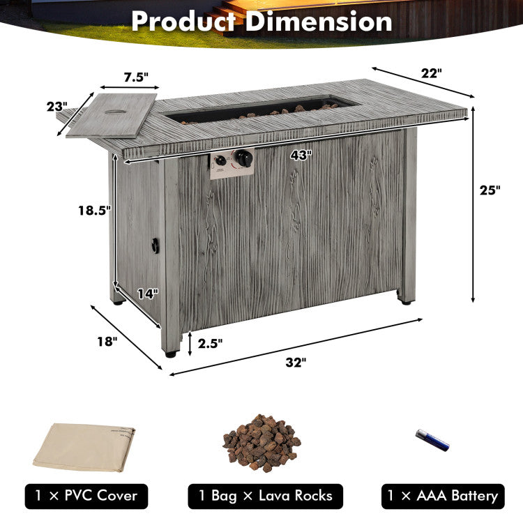 43 Inch 50,000 BTU Propane Fire Pit Table with Removable Lid