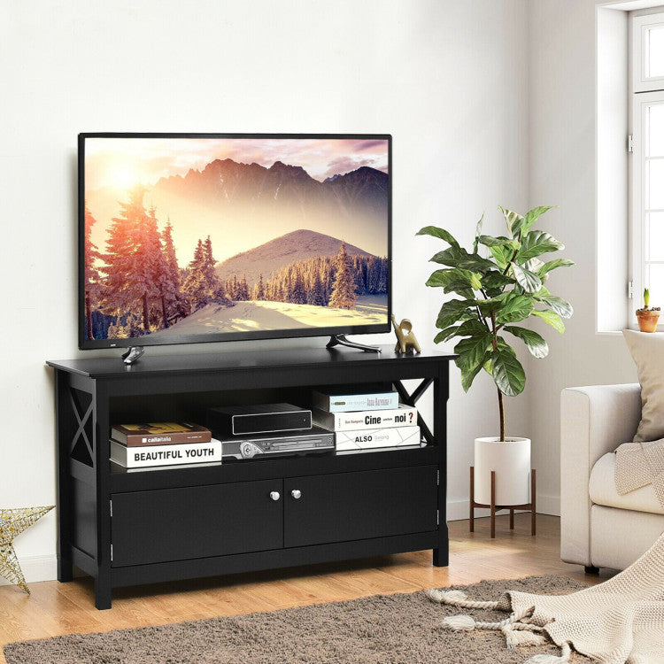 44 Inches  X-Shape Wooden Storage Cabinet Entertainment Center TV Stand with Bookshelves