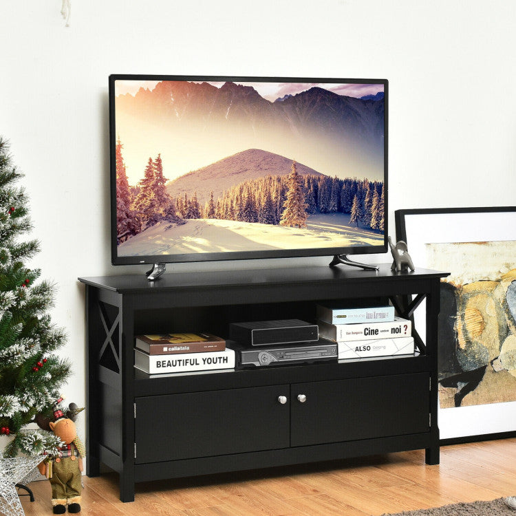 44 Inches  X-Shape Wooden Storage Cabinet Entertainment Center TV Stand with Bookshelves