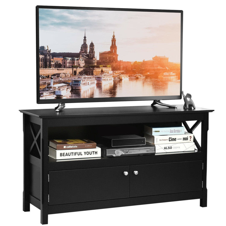 44 Inches  X-Shape Wooden Storage Cabinet Entertainment Center TV Stand with Bookshelves