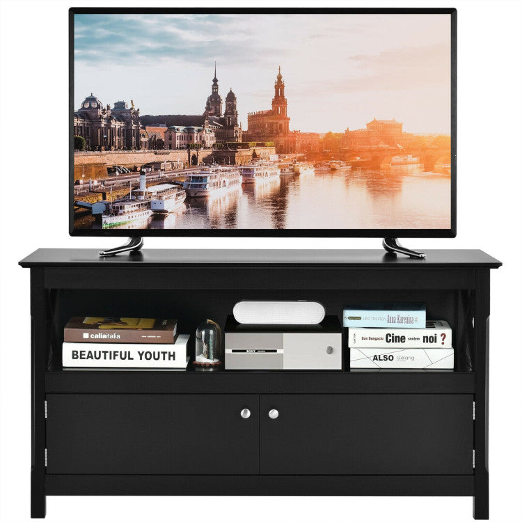 44 Inches  X-Shape Wooden Storage Cabinet Entertainment Center TV Stand with Bookshelves