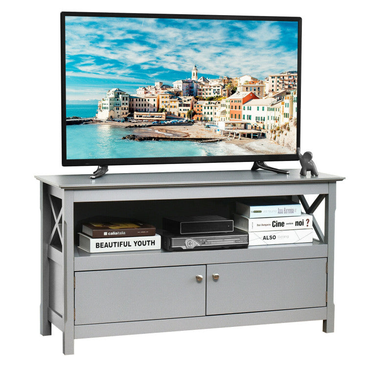 44 Inches  X-Shape Wooden Storage Cabinet Entertainment Center TV Stand with Bookshelves