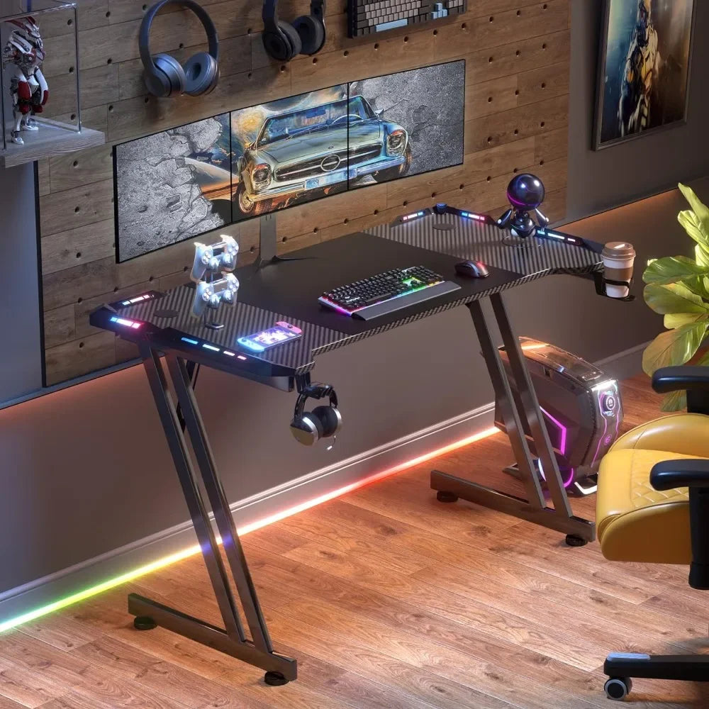 47-Inch Gaming Desk with LED Lights & Carbon Fiber Surface – Ergonomic Large Computer Table - ElitePlayPro