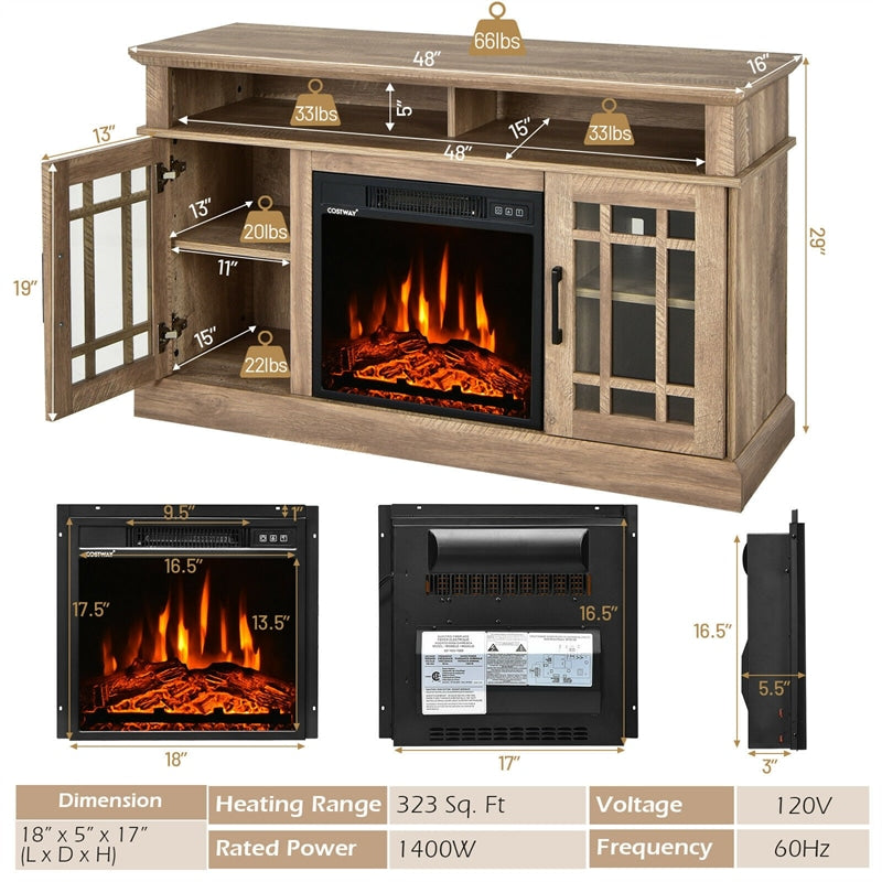 48" Fireplace TV Stand for TVs up to 50", Entertainment Center with 18" Electric Fireplace & 2 Side Cabinets