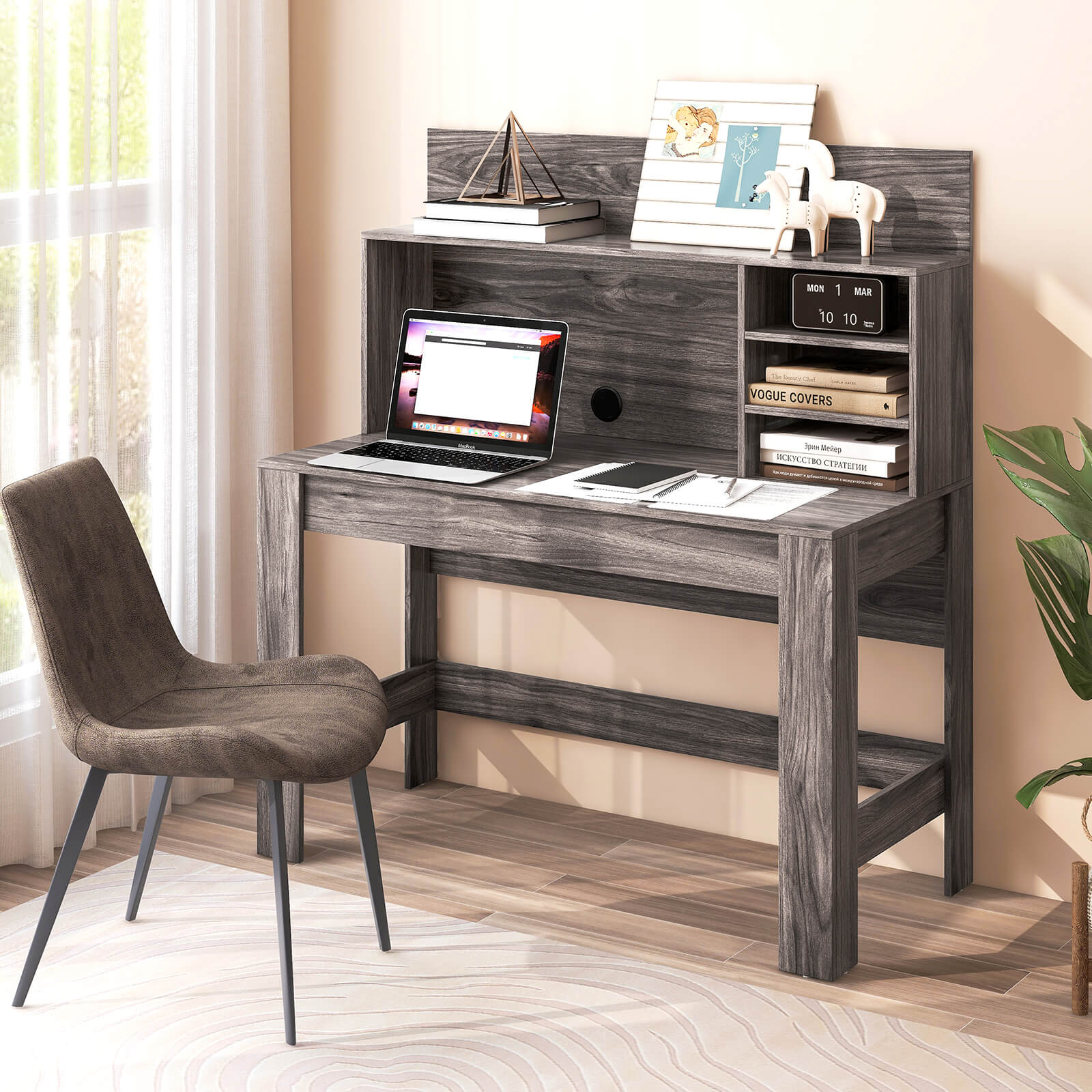 48 Inch Writing Computer Desk with Anti-Tipping Kits and Bookshelf