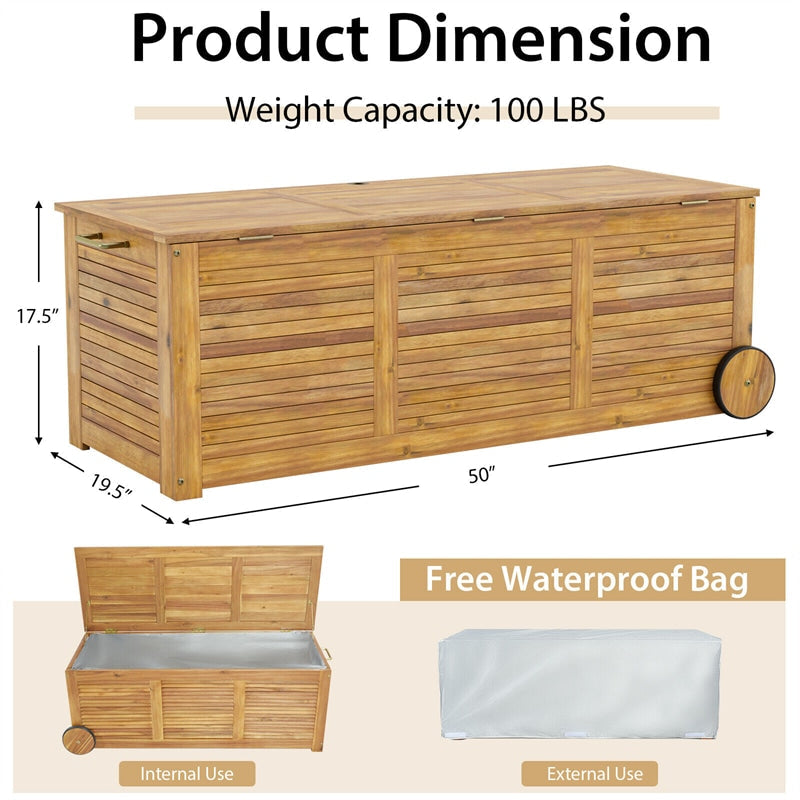 48 Gallon Acacia Wood Deck Box Outdoor Patio Storage Box with Wheels, Side Handle & Waterproof Fabric Cover