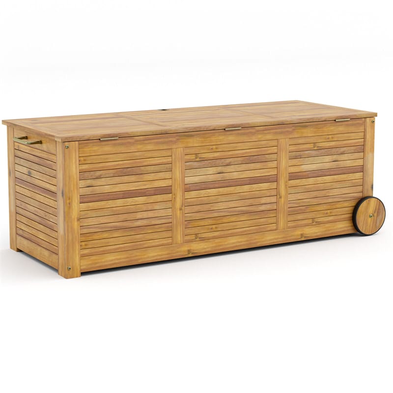 48 Gallon Acacia Wood Deck Box Outdoor Patio Storage Box with Wheels, Side Handle & Waterproof Fabric Cover