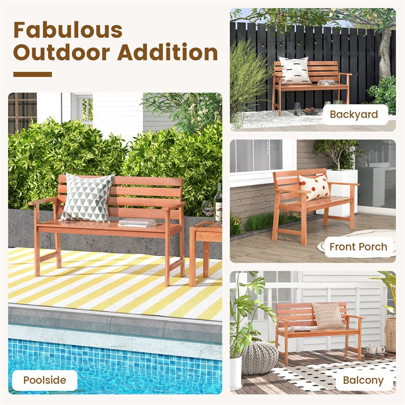 48" Hardwood Patio Bench 2-Seat Garden Chair Ergonomic Wood Outdoor Loveseat with Breathable Slatted Seat & Inclined Backrest