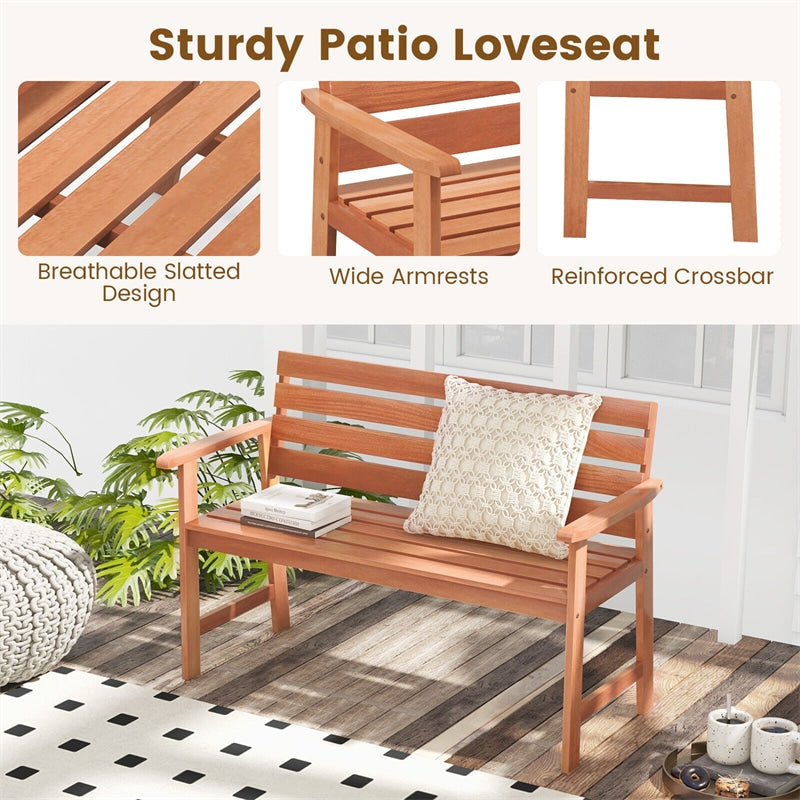 48" Hardwood Patio Bench 2-Seat Garden Chair Ergonomic Wood Outdoor Loveseat with Breathable Slatted Seat & Inclined Backrest