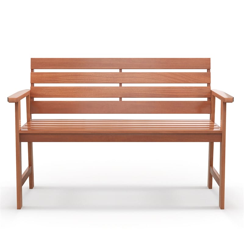 48" Hardwood Patio Bench 2-Seat Garden Chair Ergonomic Wood Outdoor Loveseat with Breathable Slatted Seat & Inclined Backrest