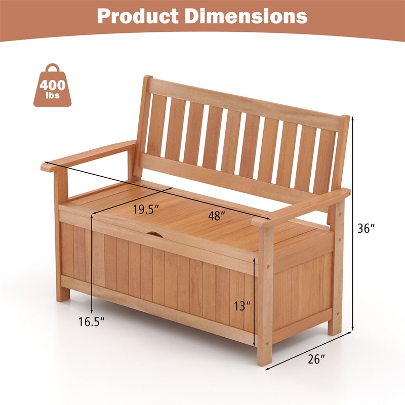 48 Inch Patio Storage Bench Wood Storage Loveseat Entryway Large Deck Box Storage Seat with 34.2 Gal Inner Space & Slatted Backrest