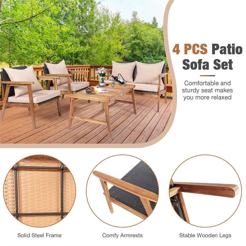 4 PCS Rattan Patio Chat Set Acacia Wood Coffee Table Chair Set with Seat Back Cushions