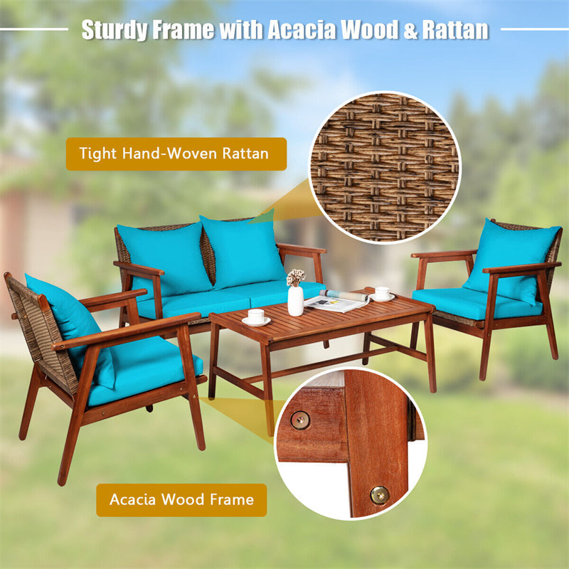 4 PCS Rattan Patio Chat Set Acacia Wood Coffee Table Chair Set with Seat Back Cushions