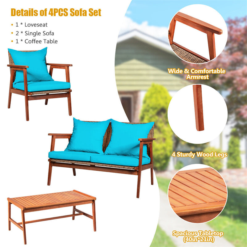 4 PCS Rattan Patio Chat Set Acacia Wood Coffee Table Chair Set with Seat Back Cushions