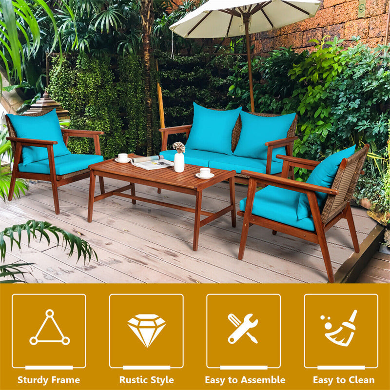 4 PCS Rattan Patio Chat Set Acacia Wood Coffee Table Chair Set with Seat Back Cushions