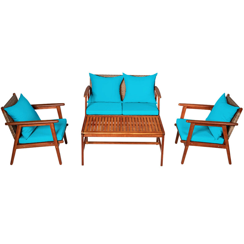 4 PCS Rattan Patio Chat Set Acacia Wood Coffee Table Chair Set with Seat Back Cushions