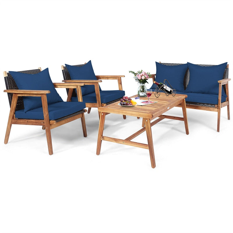 4 PCS Rattan Patio Chat Set Acacia Wood Coffee Table Chair Set with Seat Back Cushions