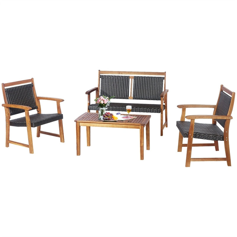 4 Pcs Acacia Wood Wicker Patio Conversation Set Rattan Outdoor Loveseat Furniture Set with Coffee Table & 2 Chairs