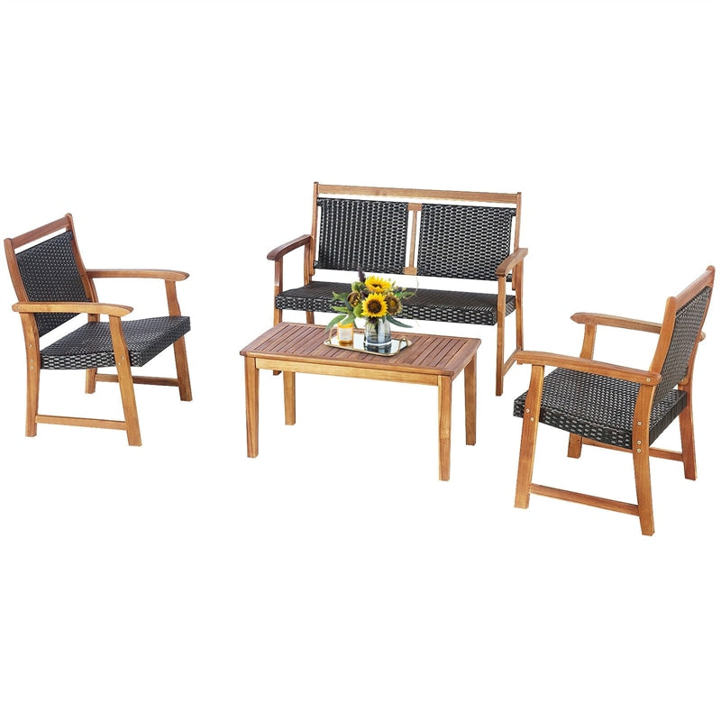 4 Pcs Acacia Wood Wicker Patio Conversation Set Rattan Outdoor Loveseat Furniture Set with Coffee Table & 2 Chairs