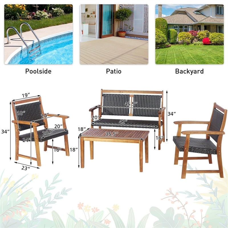 4 Pcs Acacia Wood Wicker Patio Conversation Set Rattan Outdoor Loveseat Furniture Set with Coffee Table & 2 Chairs