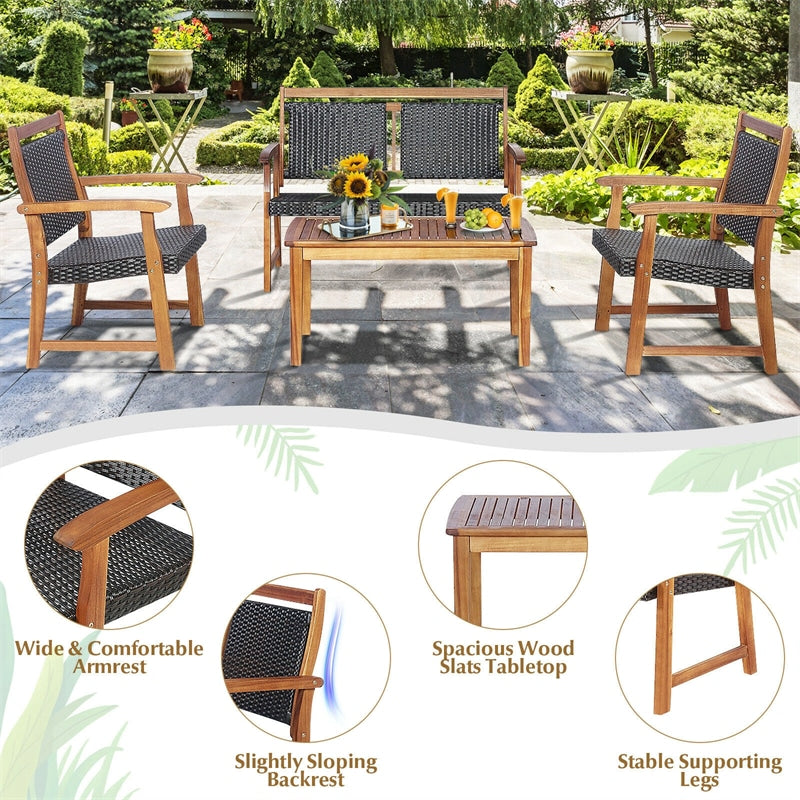 4 Pcs Acacia Wood Wicker Patio Conversation Set Rattan Outdoor Loveseat Furniture Set with Coffee Table & 2 Chairs