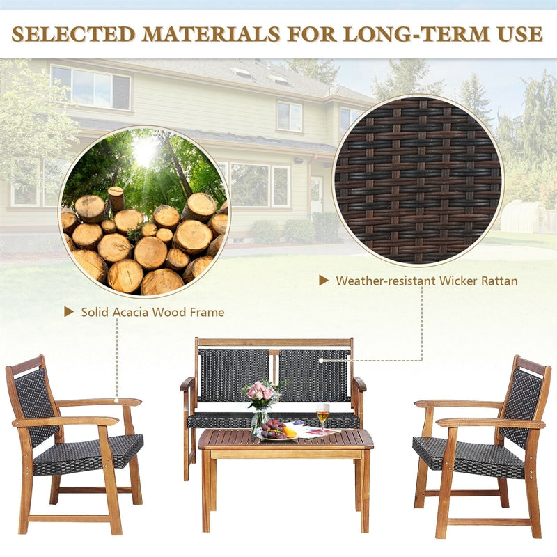 4 Pcs Acacia Wood Wicker Patio Conversation Set Rattan Outdoor Loveseat Furniture Set with Coffee Table & 2 Chairs