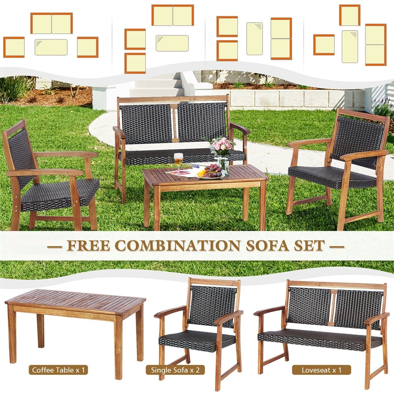 4 Pcs Acacia Wood Wicker Patio Conversation Set Rattan Outdoor Loveseat Furniture Set with Coffee Table & 2 Chairs