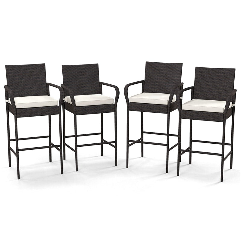 4 Pcs Patio PE Wicker Bar Stools Outdoor Counter Height Stools with Armrests & Soft Cushions