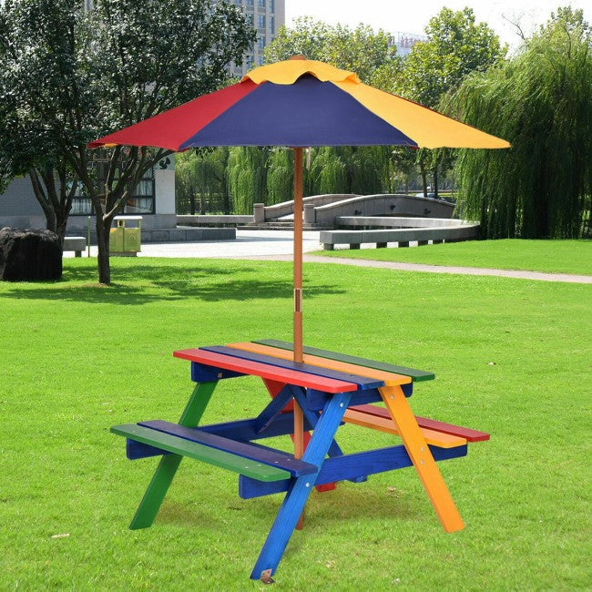 4-Seat Outdoor Kids Picnic Table Bench Set with Removable Folding Umbrella