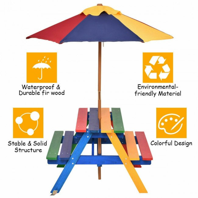 4-Seat Outdoor Kids Picnic Table Bench Set with Removable Folding Umbrella