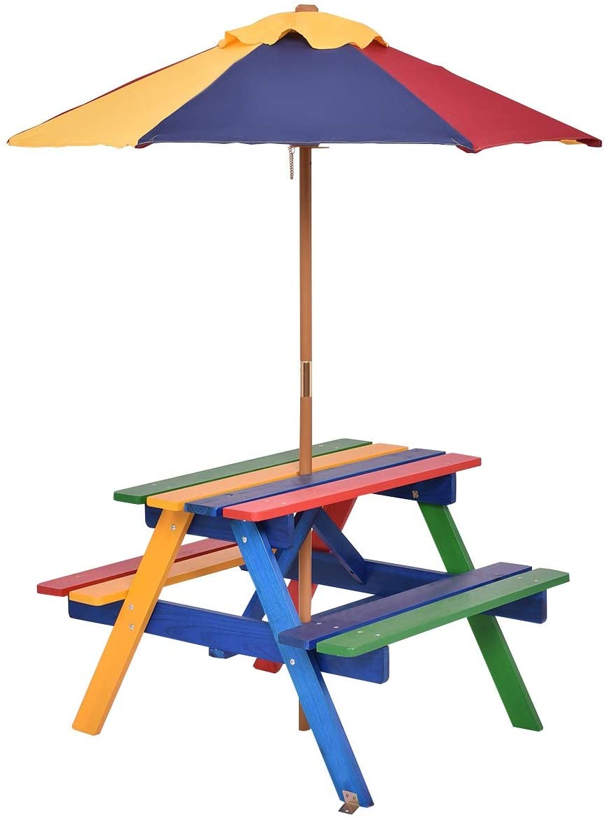 4-Seat Outdoor Kids Picnic Table Bench Set with Removable Folding Umbrella