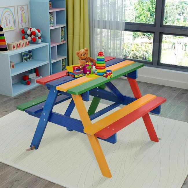 4-Seat Outdoor Kids Picnic Table Bench Set with Removable Folding Umbrella