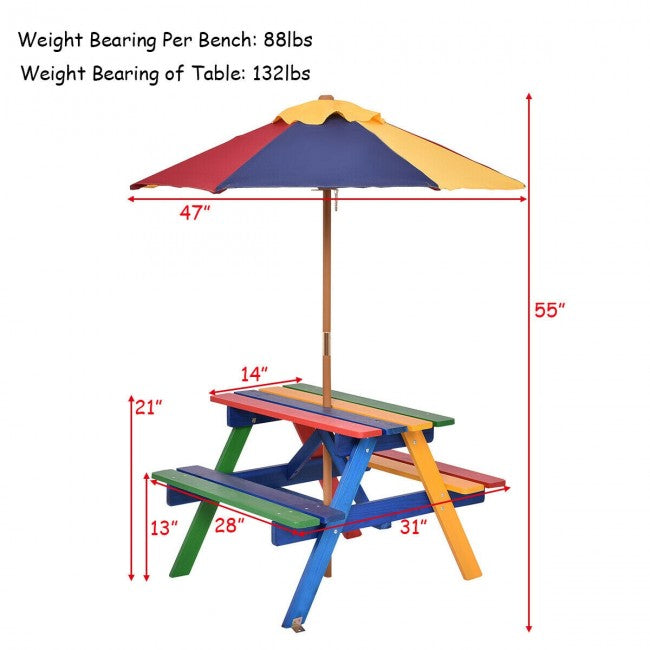 4-Seat Outdoor Kids Picnic Table Bench Set with Removable Folding Umbrella