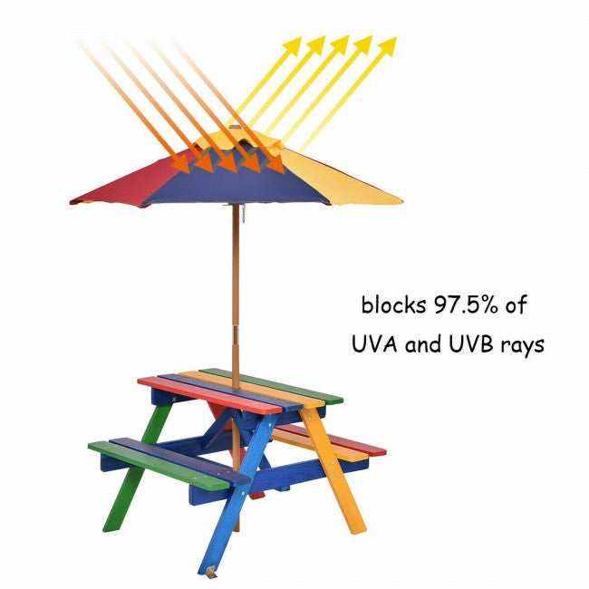 4-Seat Outdoor Kids Picnic Table Bench Set with Removable Folding Umbrella