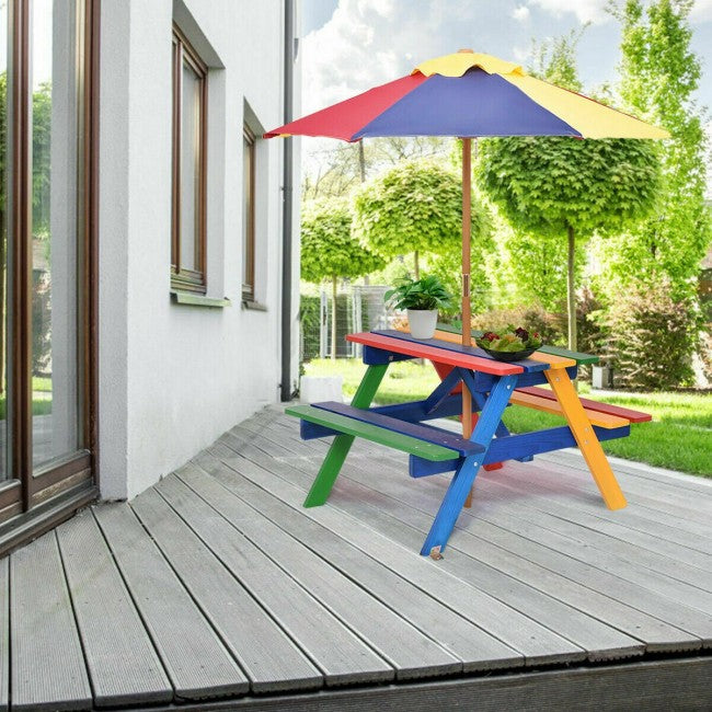 4-Seat Outdoor Kids Picnic Table Bench Set with Removable Folding Umbrella