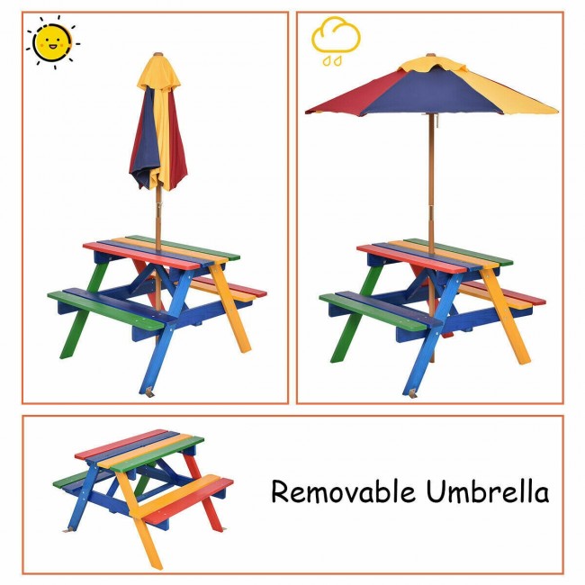 4-Seat Outdoor Kids Picnic Table Bench Set with Removable Folding Umbrella