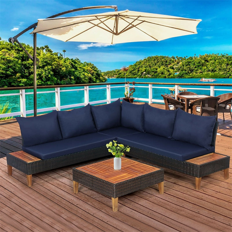 4 Piece Patio Rattan Furniture Set Acacia Wood Outdoor Sectional Sofa Loveseat Conversation Set with Wooden Side Table, Back & Seat Cushions