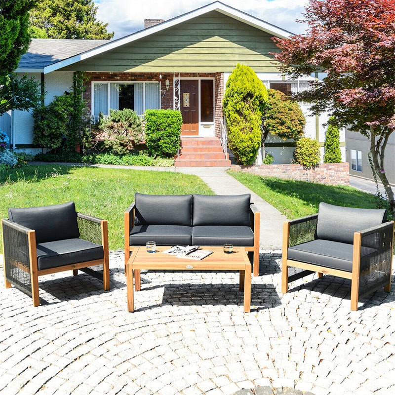 4 Piece Wood Patio Conversation Set Acacia Frame Outdoor Loveseat Sofa Set with Coffee Table & Cushions