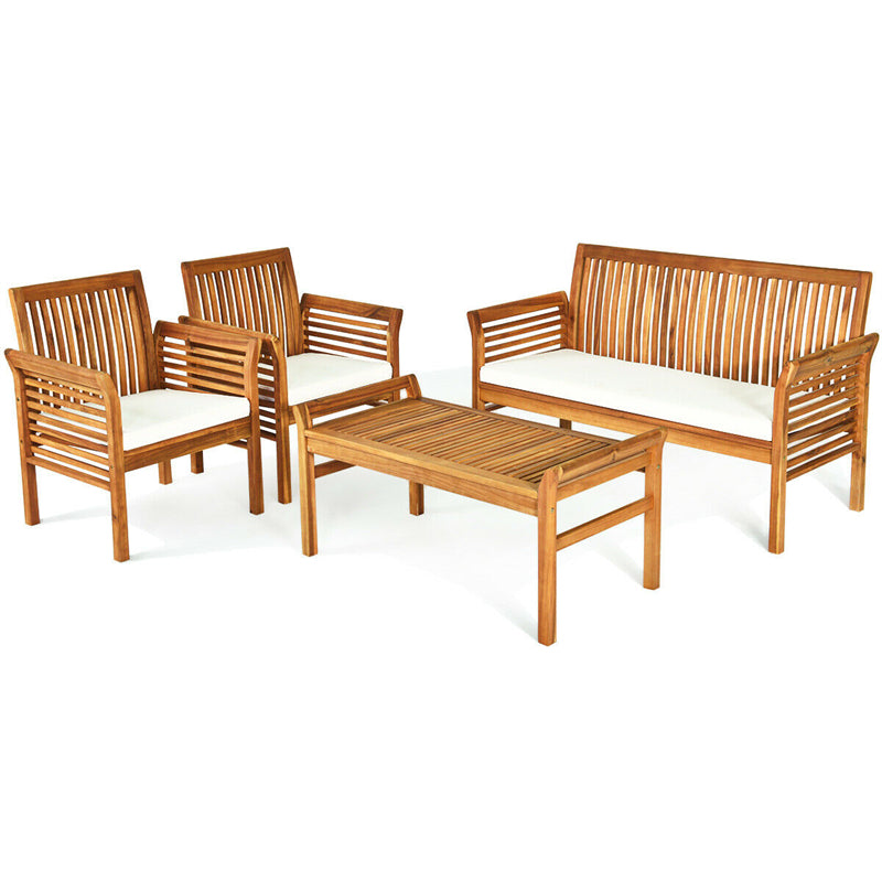 4 Piece Outdoor Acacia Wood Sofa Furniture Set Patio Conversation Table Chair Set with Coffee Table & Waterproof Cushions