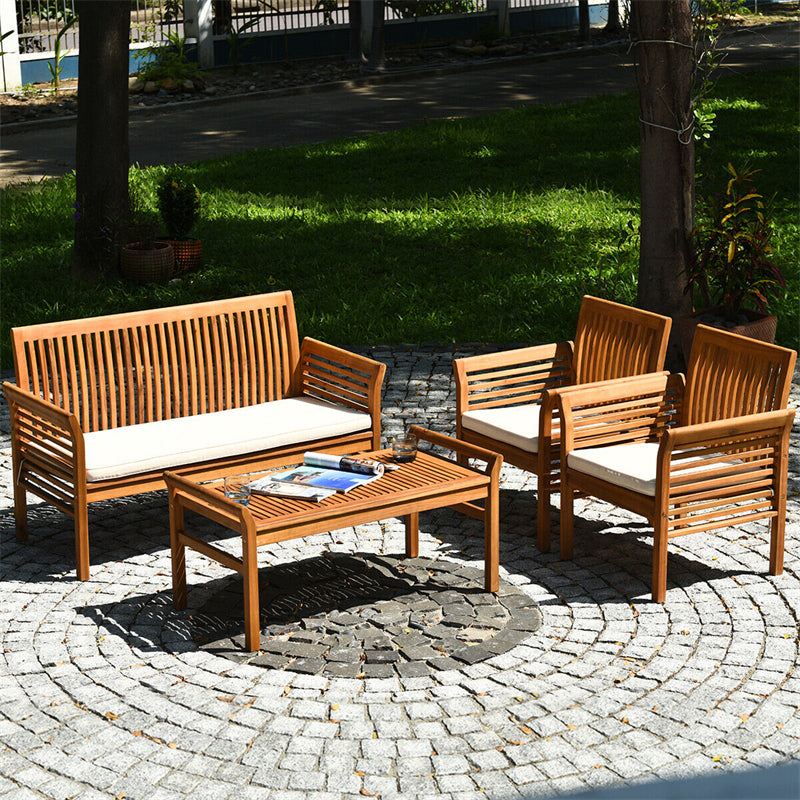 4 Piece Outdoor Acacia Wood Sofa Furniture Set Patio Conversation Table Chair Set with Coffee Table & Waterproof Cushions