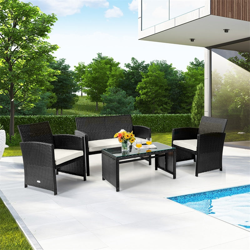 4 Piece Patio Rattan Conversation Set Cushioned Furniture Set with Loveseat & Coffee Table