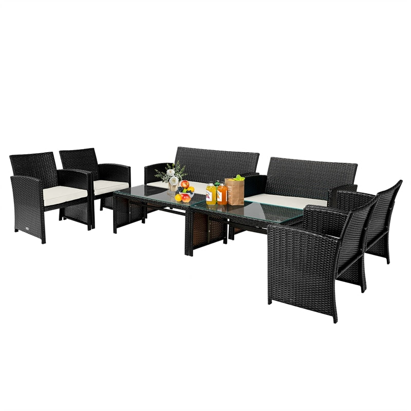 4 Piece Patio Rattan Conversation Set Cushioned Furniture Set with Loveseat & Coffee Table