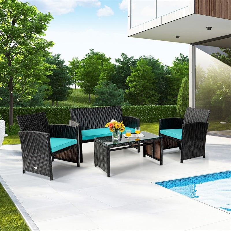 4 Piece Patio Rattan Conversation Set Cushioned Furniture Set with Loveseat & Coffee Table