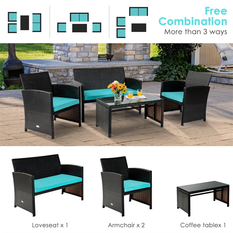 4 Piece Patio Rattan Conversation Set Cushioned Furniture Set with Loveseat & Coffee Table