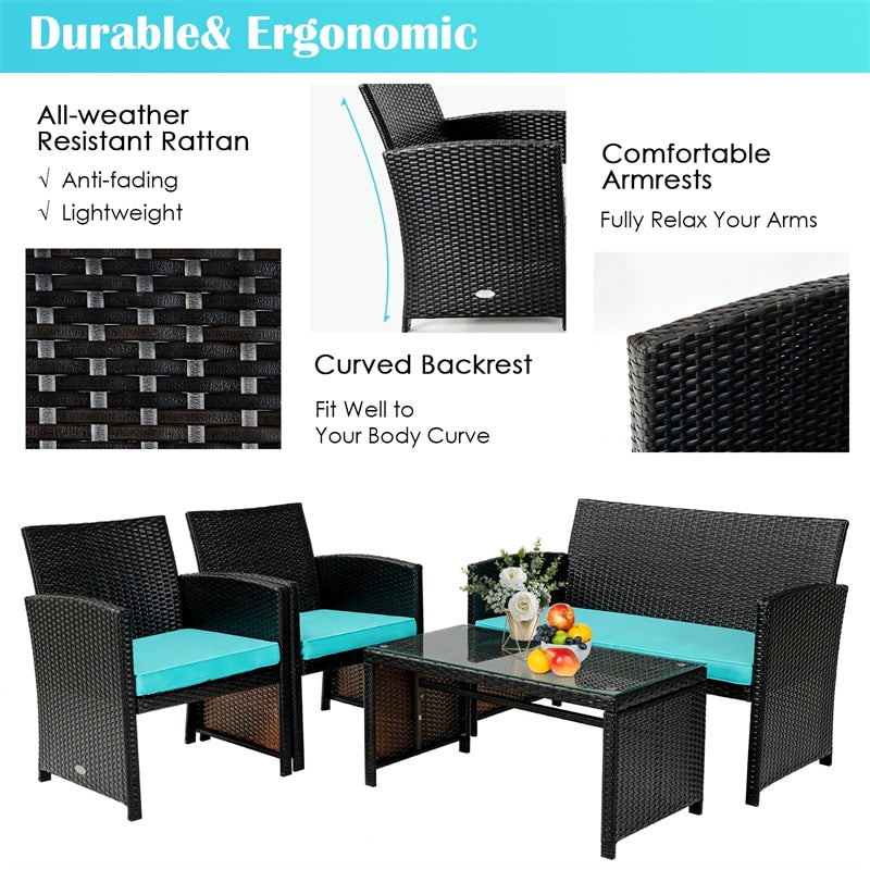 4 Piece Patio Rattan Conversation Set Cushioned Furniture Set with Loveseat & Coffee Table