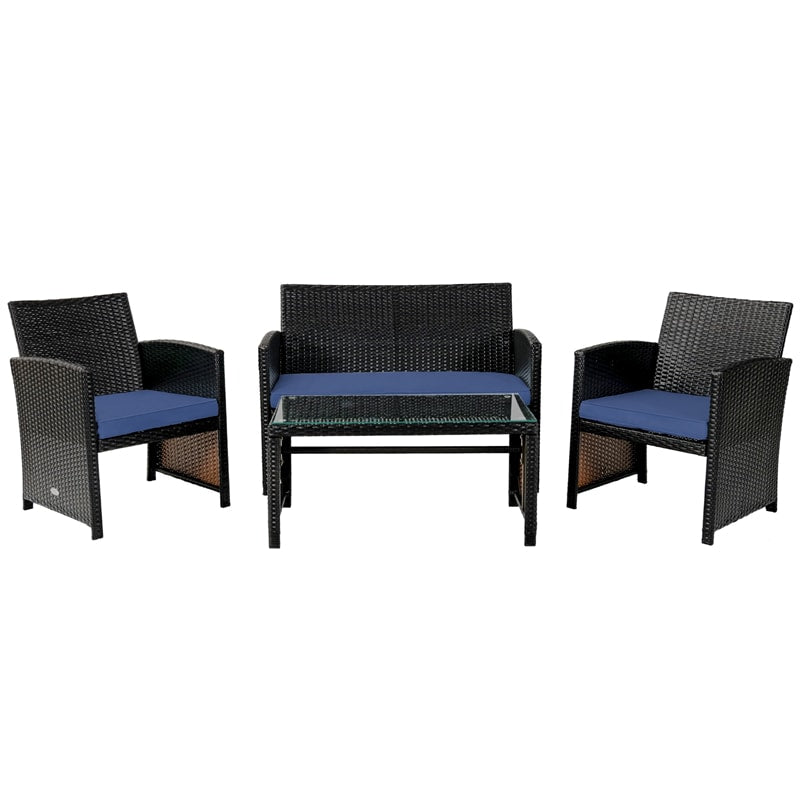 4 Piece Patio Rattan Conversation Set Cushioned Furniture Set with Loveseat & Coffee Table